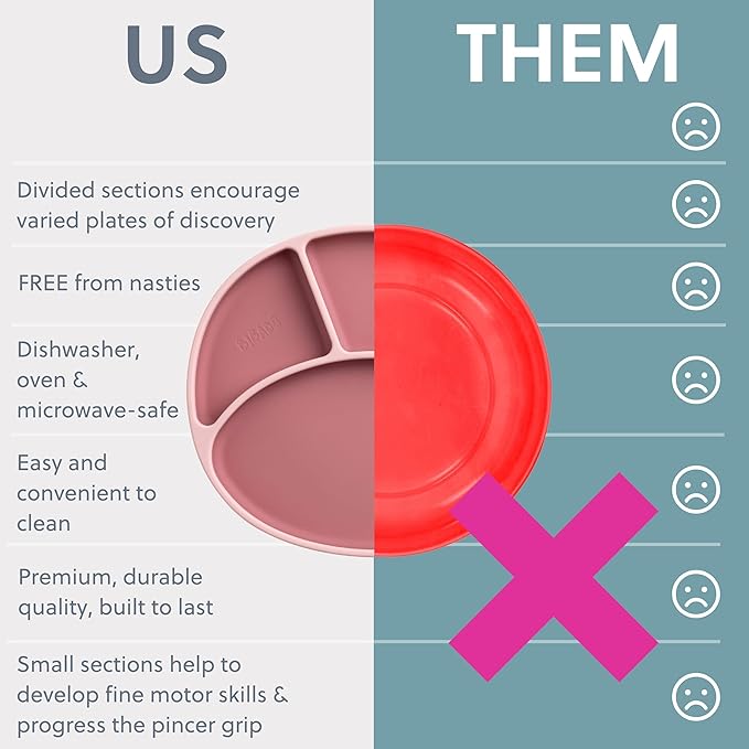 BIBaDO - Silicone Suction Divider Plate (Blush) - Toddler Plates - Help Develop Motor Skills - Durable, Dishwasher & Microwave Safe, BPA Free - Medical Grade - Baby Essentials - 6 Months to 3 Years