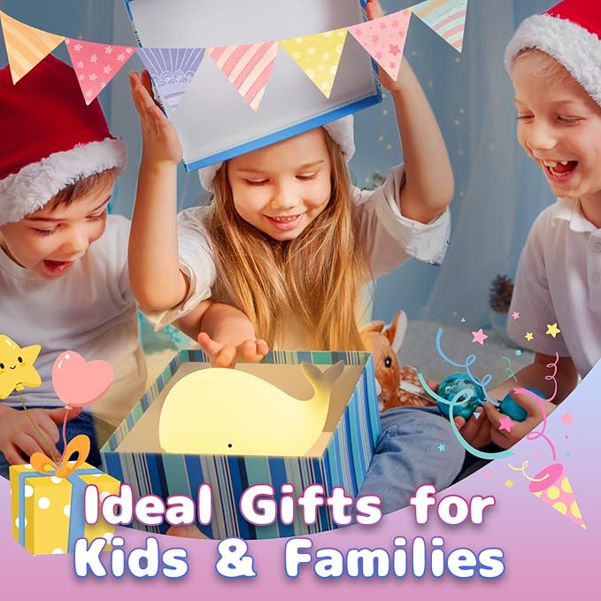 Silicone Night Light for Kids – Rechargeable Tap Control Lamp with 8 Colors, Cute Animal Design for Nursery, Toddler Room Decor, Gifts for Girls and Boys (Whale)