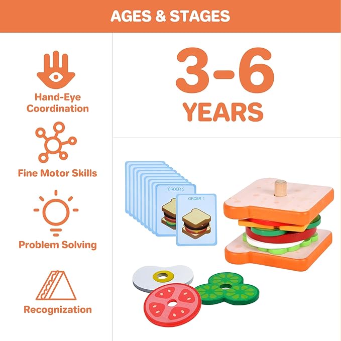 Montessori Toys for 2, 3 Year Old, Wooden Burger Sandwich Stacking Toys for Toddler Educational Toys Fine Motor Skills Foods Preschool Learning Blocks Gifts Boys Girls