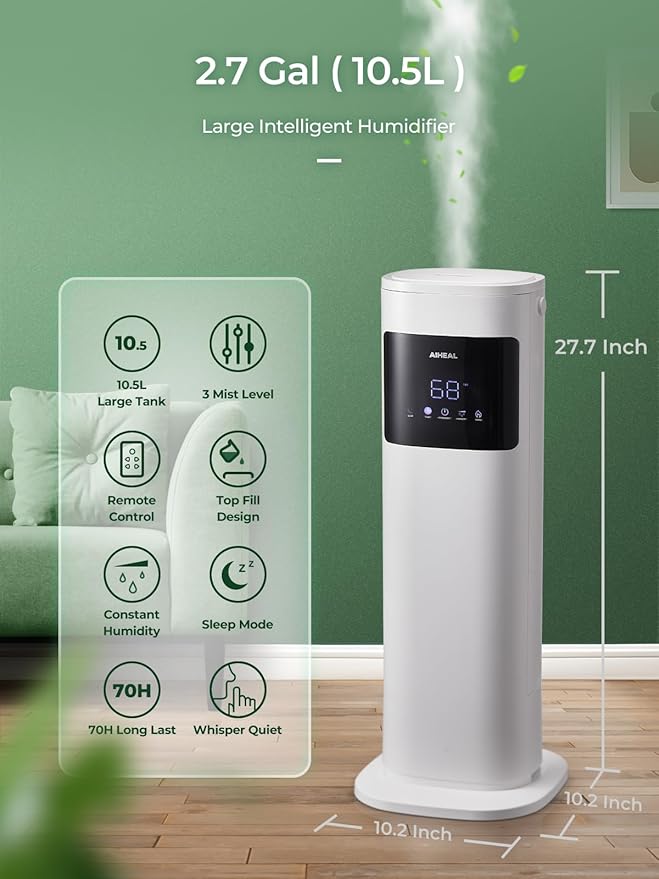 Aiheal Humidifier for Large Room Home, 10.5L Top Fill Cool and Warm Mist Ultrasonic Floor Humidifiers for Baby and Plants with Customized Humidity, Timer, Sleep Mode, Auto Shut Off, Quiet, White