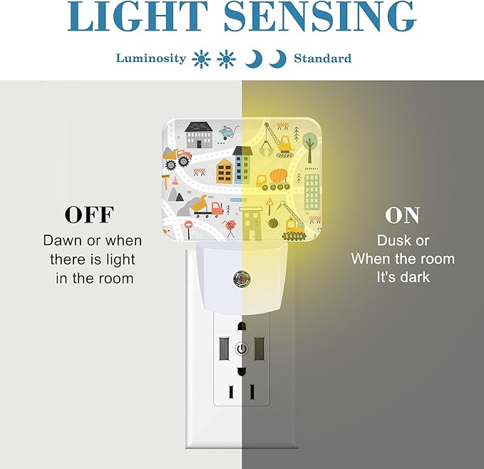 Cartoon Construction Vehicle Night Light for Kids Girls Boys, Building Scene LED Night Light Plug into Wall with Dusk to Dawn Sensor for Bedroom, Hallway, Kitchen, Bathroom, Stairs Decor