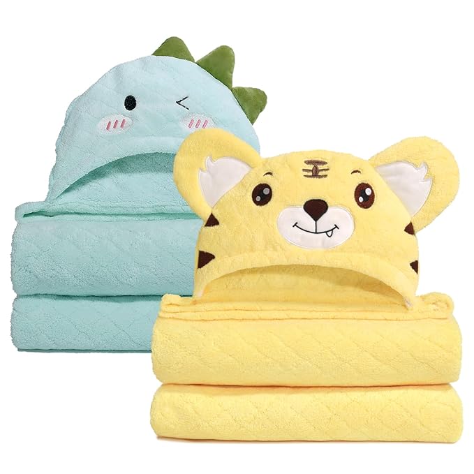 Extra Large Baby Bath Towels Hooded, 50 x 32 Inch Large Toddler Towel with Hood Set, Animal Face Hooded for Kids Boy&Girl, Yellow Tiger & Green Dinosaur