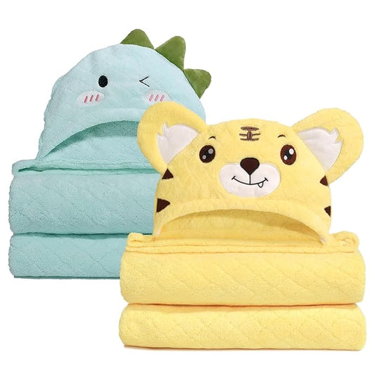 Extra Large Baby Bath Towels Hooded, 50 x 32 Inch Large Toddler Towel with Hood Set, Animal Face Hooded for Kids Boy&Girl, Yellow Tiger & Green Dinosaur