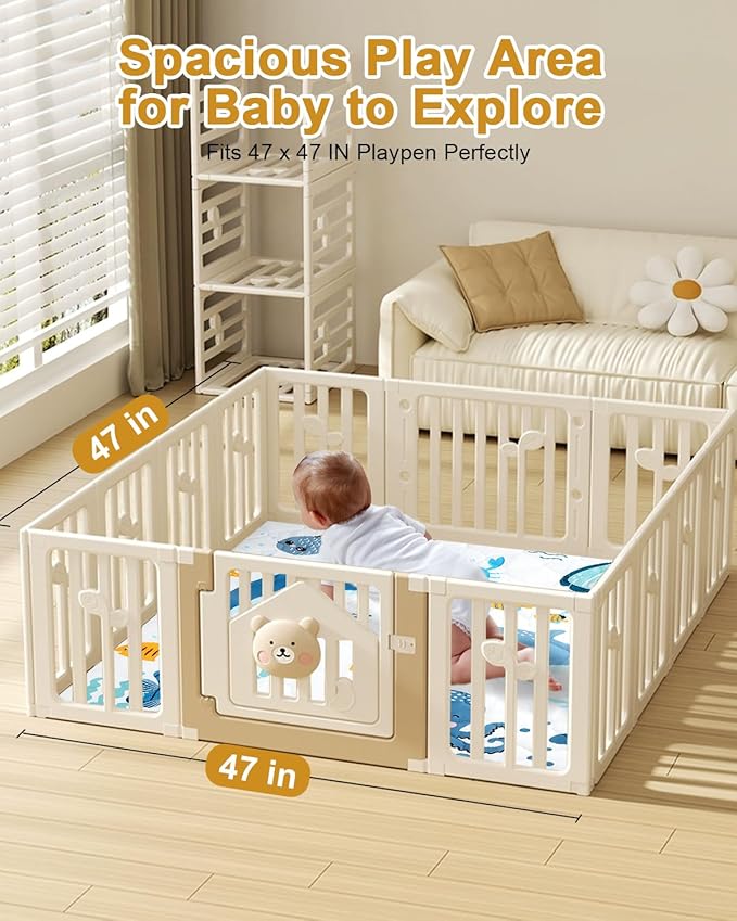 Premium Foam Baby Play Mat 47x47 – Removable & Machine Washable Cover, Extra Thick Padding Playpen Mat, Non-Slip Crawling Mat, Easy to Clean for Infants, Toddlers & Babies