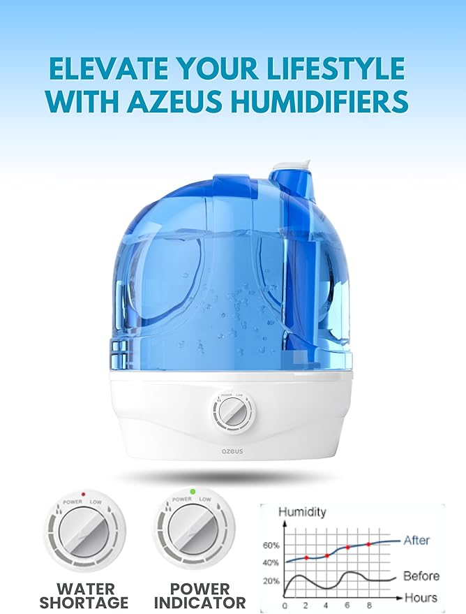 AZEUS Humidifiers for Bedroom, 2.8L Ultrasonic Cool Mist Humidifiers for Home Baby Nursery & Plants, Quiet Top Fill Air Humidifier Lasts Up to 30 Hours, Auto Shut-Off (BPA-Free)