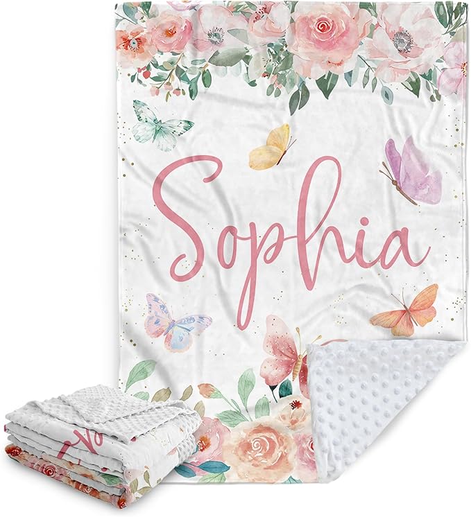 Personalized Baby Blanket for Girls, Custom Baby Blankets with Name, Soft Flannel Double Layer Receiving Swaddle Blanket, Pink Butterfly Monogram Birthday Gifts for Toddlers Infants (60"x80")