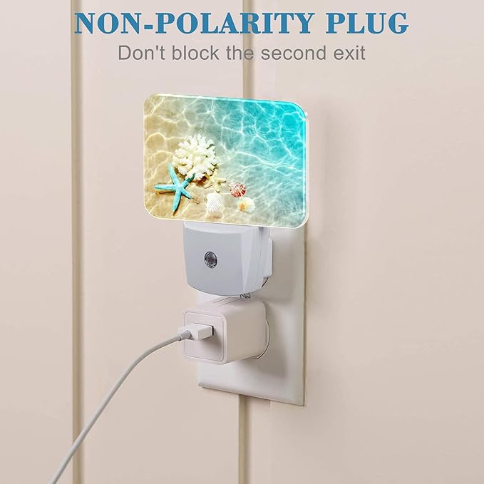 Starfish Coral and Seashell Plug in Night Lights, Beach in Sea Water Nightlight Plug Into Wall Dusk to Dawn Sensor for Kid Girls Boys Women Men Room, Hallway, Kitchen, Bathroom, Stairs Decor