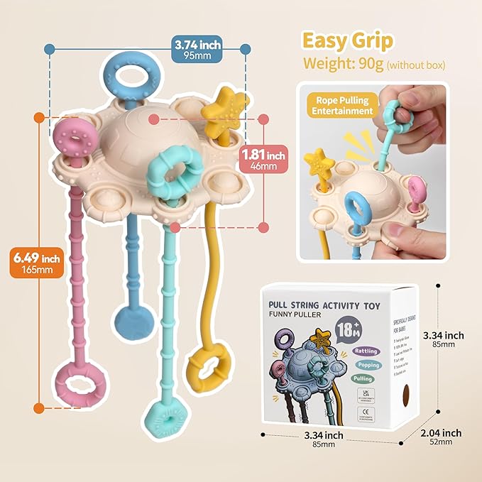 Montesorri-Toys - Montessori Pull String Toy - Made of 100% Food Grade Silicone with Built-in Rattle Function and Easy to Clean Design (Cream Color)