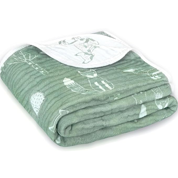BOPRIO Muslin Baby Blankets for Baby Infant Toddler, 70% Cotton and 30% Rayon with Animal Design Super Soft and Lightweight Nursery Blankets 43 x 43 Inch (Sage Green Fox)