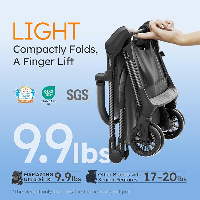 MAMAZING Ultra Air X Travel Stroller - Ultra-Lightweight Under 10 lbs, Carbon Fiber Frame & Airplane Friendly, Lightweight Stroller with Reclining Seat, UPF 50+ Canopy & Travel Bag