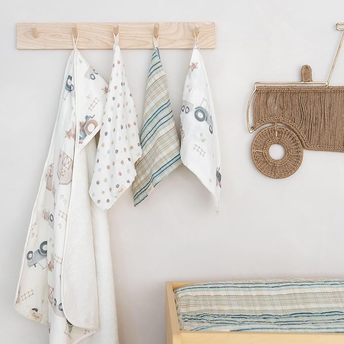 Crane Baby Hooded Towel & Washcloth Set, Charlie Farmhouse Tractor Hooded Baby Towels and Washcloths Set, Baby Bath Essentials, Washcloths for Newborn, Muslin Towel for Babies