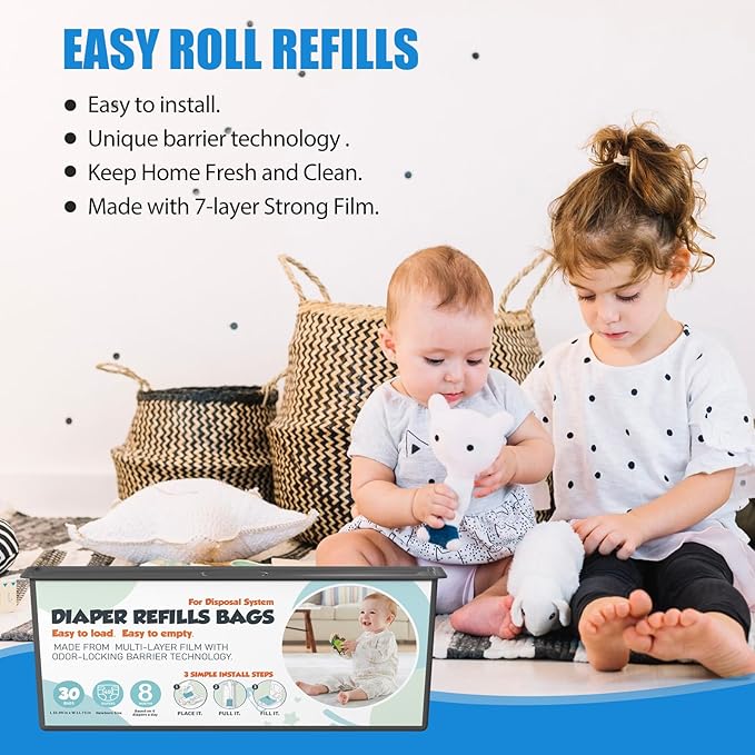 Diaper Pail Refills Bags with 30 Bags Compatible with Genie Easy Roll Signature and Platinum Diaper Pails, 7-Layer Odor-Barrier Technology, 5 Pack (150 Bag)