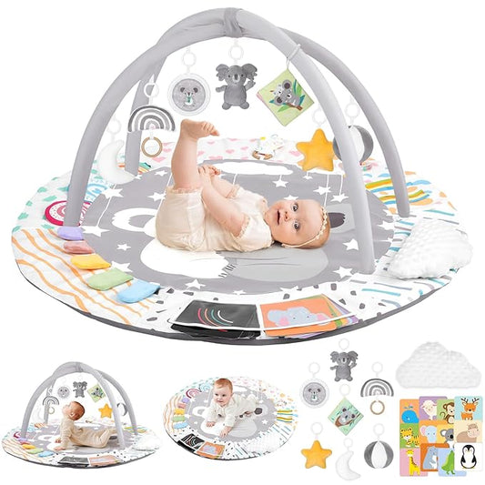 Baby Play Gym & Activity Mat, Tummy Time Mat with Tummy Time Pillow 7 Detachable Sensory Toys and Educational Cards for Motor Skills & Sensory Development, Baby Essentials Shower Gift, Grey Koala