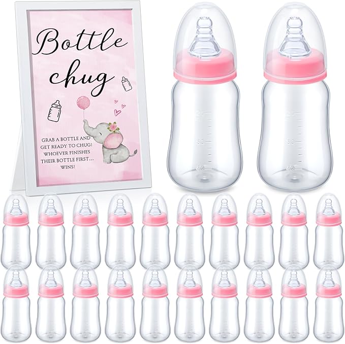 Roowest Bottle Chug Baby Shower Game Favors Including Pink Elephant Theme Wooden Sign and 18 Pcs Baby Bottles for Gender Reveal Party Supplies