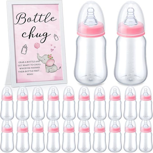 Roowest Bottle Chug Baby Shower Game Favors Including Pink Elephant Theme Wooden Sign and 18 Pcs Baby Bottles for Gender Reveal Party Supplies