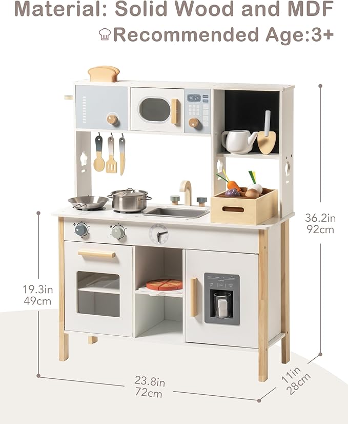 ROBOTIME Play Kitchen for Kids, Wooden Kids Play Kitchen Playset with Cutting Toy Food Set, Toaster and Toddler Gardening Sets- Toddlers Play Kitchen Gifts for Boys and Girls Ages 3+