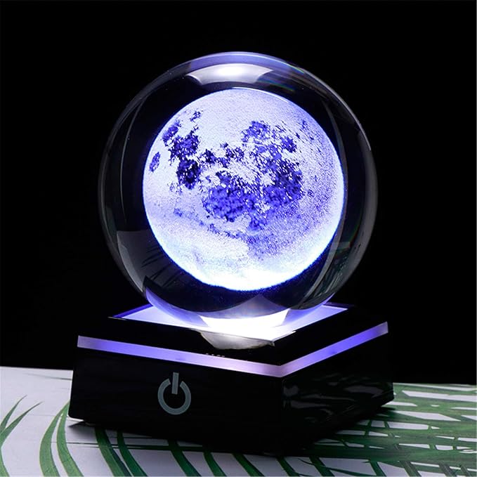 Qianwei 3D Moon Model Crystal Ball Led Lamp Base - Space Decor World Globe Planets Sphere Night Light 80mm 3.15 Inch - Solar System Decor Best Birthday Astronomy Gifts for Men Physics Science Teacher