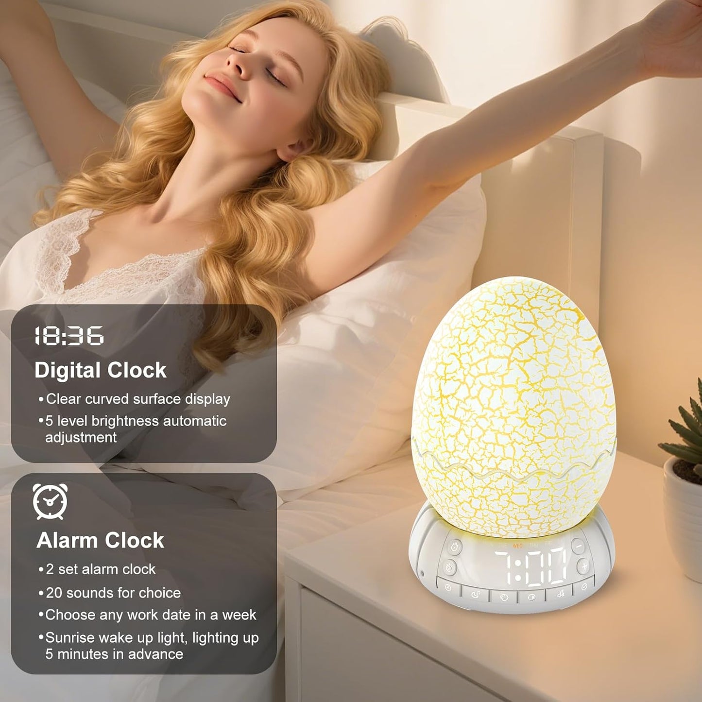Dinosaur Egg Shape Touch Control Night Light with Pattern Inside, Digital Alarm Clock with Wake Up Light, 20 Soothing Sleep Training Sound and Bluetooth Speaker Box (2025 Style)