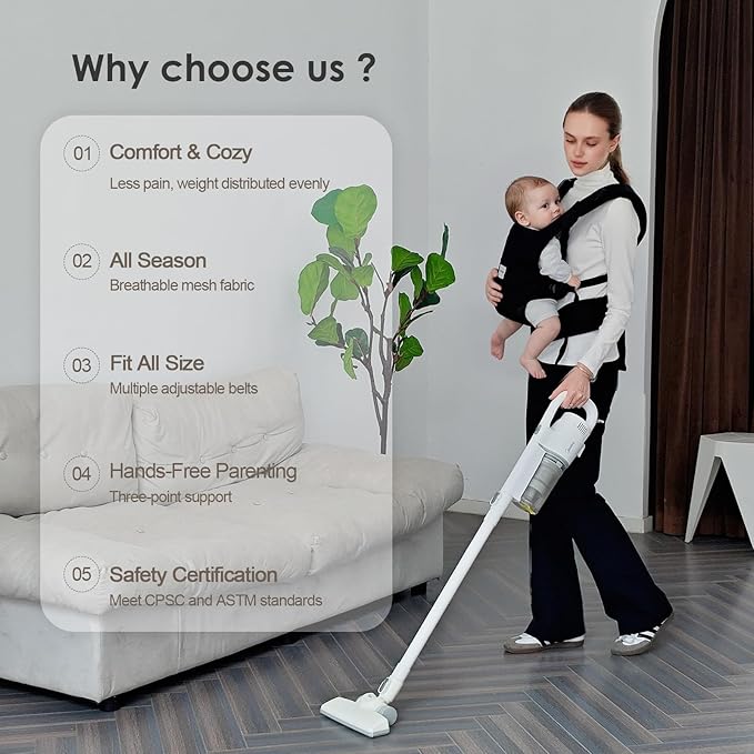 Baby Carrier Newborn to Toddler, Easy Adjustable Toddler Carrier for 7-30lbs, Baby Holder Wrap Carrier, Breathable Mesh Fabric Infant Kangaroo Hip Carriers with Lumbar Support, Black