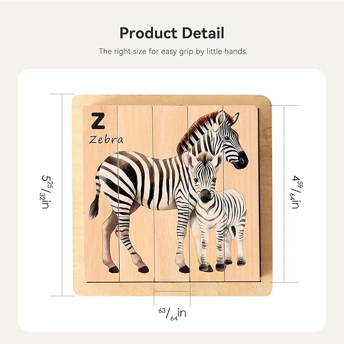 4 in 1 Wooden Animal Chunky Puzzle, 5 Solid Wood Puzzle Blocks with 4 Sides Realistic Safari Animals, Wooden Block Puzzle with Durable Base for Toddlers 3+ Years - Montessori Inspired