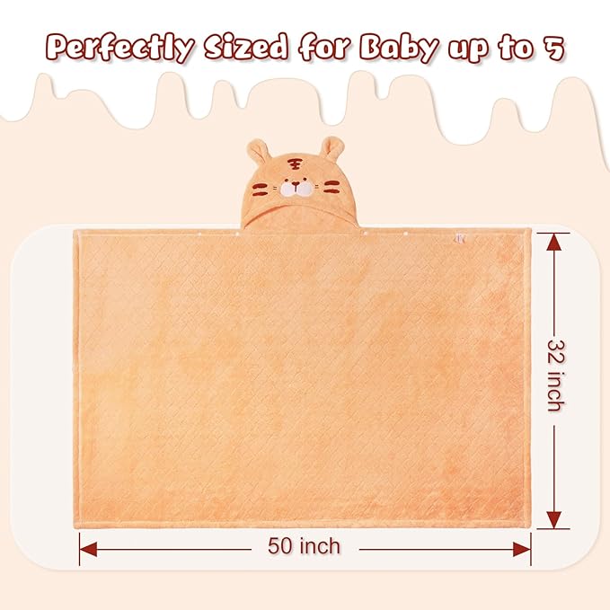 Kids Bath Towels with Hood, Soft and Thick Hooded Towels for Toddlers 3-5, 2 PCS Cute Animal Face Premium Coral Fleece with Large Size 50 in*32 in, Orange Tiger & Yellow Lion Set