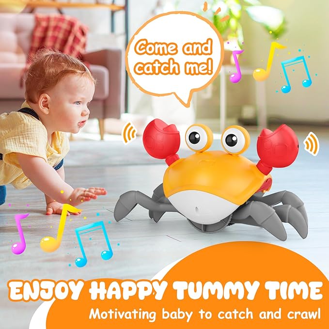 Crawling Crab Baby Toy, Upgraded Tummy Time Gifts for Newborn Babies 3-6 6-12 Month, Light-Up Walking Dancing Moving Crab with Music & Obstacle Avoidance, Rechargeable Sensory Development Toy (Orange)