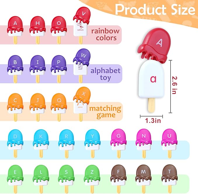 USATDD ABC Alphabet Learning Toys Alphabet Popsicles Animal Matching Toy Uppercase Lowercase Preschool Learning Activities Montessori Toys for Kids Ages 3+, 52 Pcs