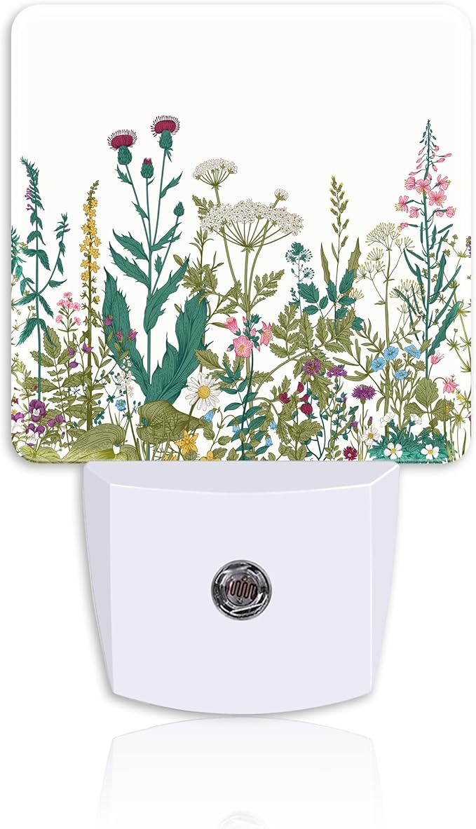 Vintage Wildflower Herbs Plug Night Light,Botanical Floral Night Light Lamp Auto Sensor Energy Efficient Dusk to Dawn Lights for Girls Boys Women Room Decor,Hallway,Kitchen,Bathroom,Nursery,Stairs