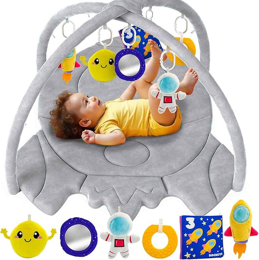 QUOKKA Baby Play Gym XL – Rocket-Shaped Baby Play Mat with 6 Large Sensory Toys – Tummy Time Mat for Infant Development – Machine Washable Newborn Essentials Must Haves – Gender Neutral Gift Items