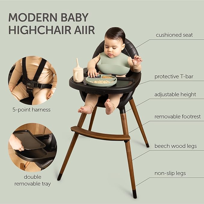 Convertible High Chair for Babies, Toddlers, Kids & Children - Wooden Highchair with Adjustable Height & Dishwasher Safe Tray - Wood Feeding & Dining Chair - Converts to Booster Seat (Black)