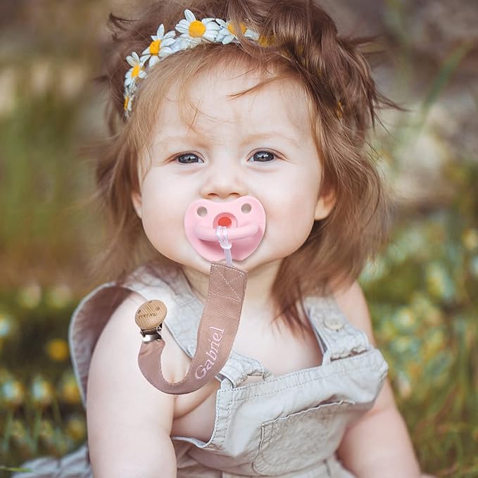 TYRY.HU Personalized Pacifier Clip with Name, Embroidery Pacifier Holder for Baby Girls and Boys, Neutral Binky Clips Universally Fit All Pacifiers & Baby Toys, Baby Gift, 2 Pack(Grey,Khaki)