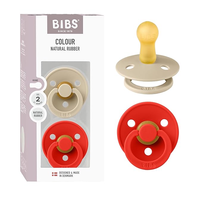BIBS Colour Pacifier 2-Pack, BPA Free Dummy Binky, Round Nipple. Natural Rubber Latex, Made in Denmark, Size 2 (6-18 Months), Vanilla/Candy Apple