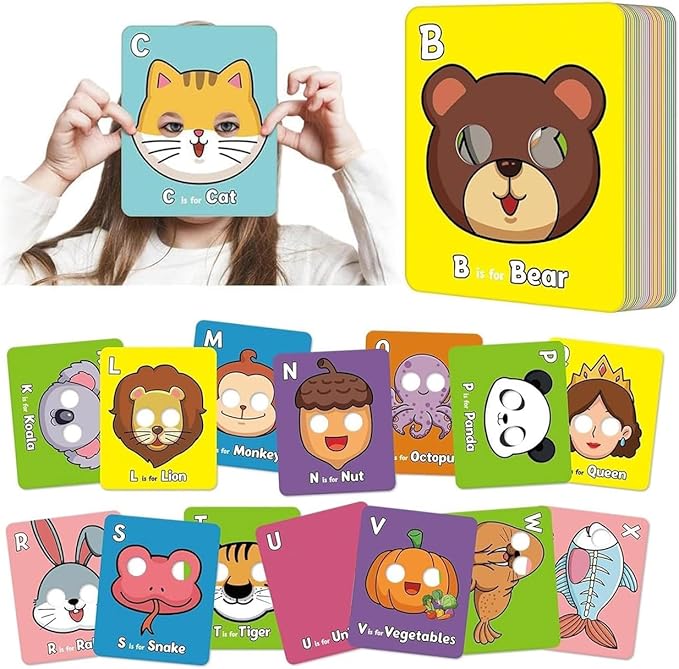 Alphabet ABC Flash Cards with Animal Masks, Animal mask Alphabet Cards, Interactive Education Games, Learn Letters, English Phrases(26 Pcs Colorful)