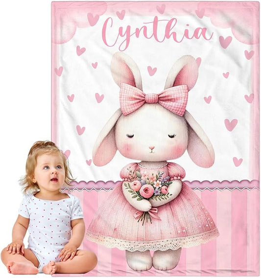 Personalized Baby Blanket for Girls, Custom Baby Blanket with Name, Soft Cozy Personalized Name Blankets for Kids, Customized Rabbit Blankets for Infant Toddler Birthday Christmas