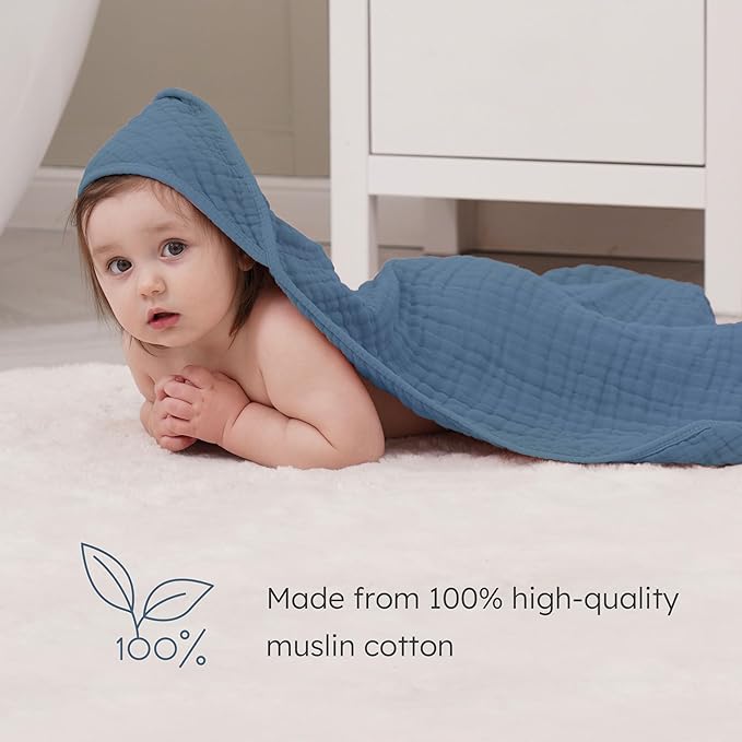 Looxii Baby Bath Towels 2 Pack Muslin Hooded Baby Towels for Newborn and Infants, 100% Cotton, Large 32x32Inch, Soft and Absorbent Gradient Blue