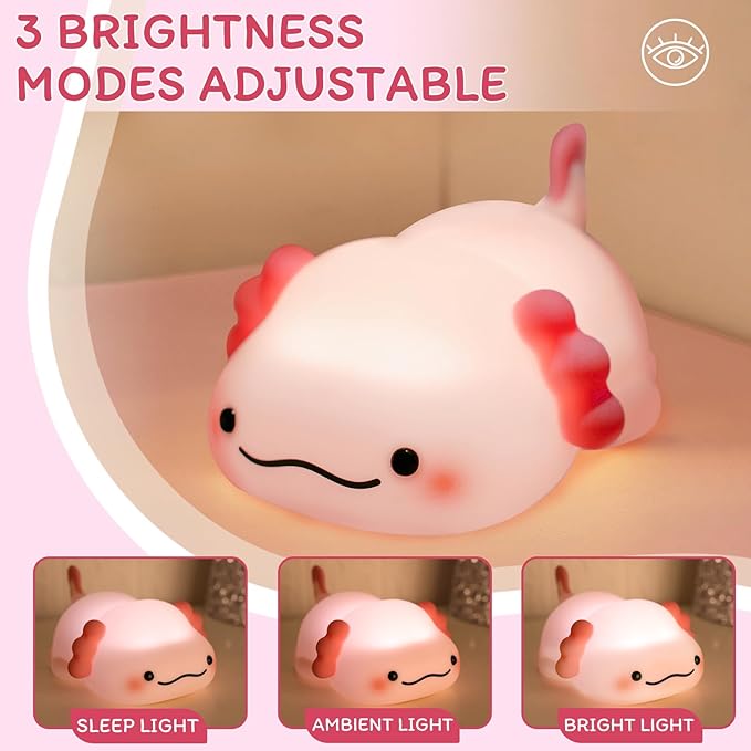 Axolotl Night Light for Kids - 3-Level Dimmable Silicone Lamp, USB-C Rechargeable Nursery Light with Auto-Off Timer for Bedroom & Breastfeeding (Squishy Animal)