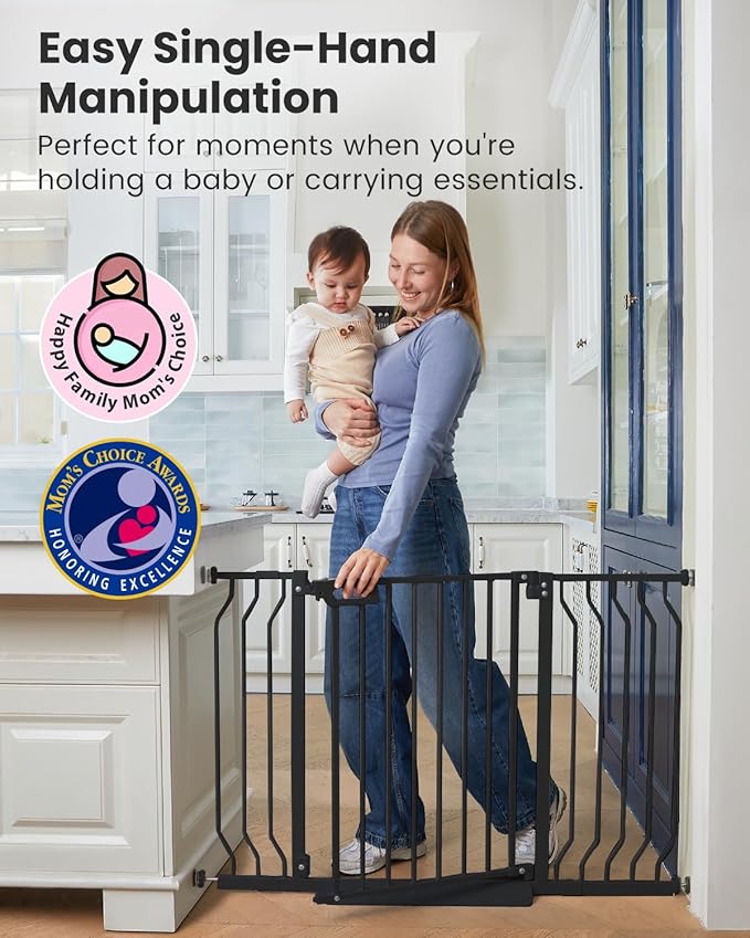 Mom's Choice-GROWNSY Baby Gate for Stairs, 30.5"-48.4" Pressure Mounted Baby Gate for Top of Stair&Doorway with Y-Spindle Rods, Anti-Trip Pedal, Wide Stairs Dog Gate Easy Install w/Red Reminder,Black