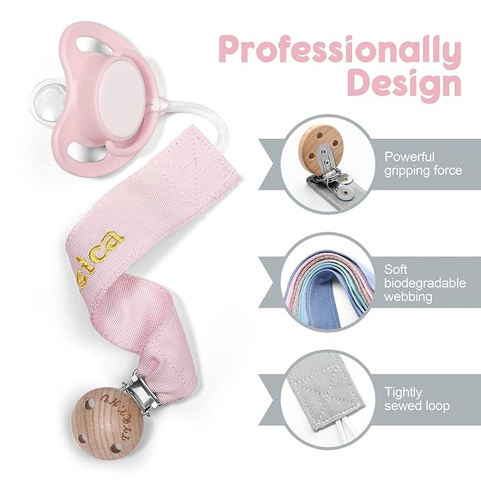 TYRY.HU Personalized Pacifier Clip with Name, Embroidery Webbing Pacifier Holder for Baby Girls and Boys, Neutral Pacifier Leash Universally Fit All Pacifiers & Baby Toys, 2 Pack Baby Gift(Grey, Pink)