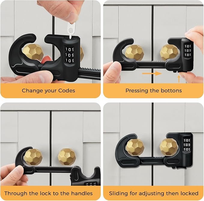 4 Pack Cabinet Locks with Combination Baby Proof Cabinet Door Lock Multifunctional Adjustable Child Safety Lock Knobs Door Lock for Home Refrigerator Doors Cabinet Knobs Double-Door Cabinet (Black)