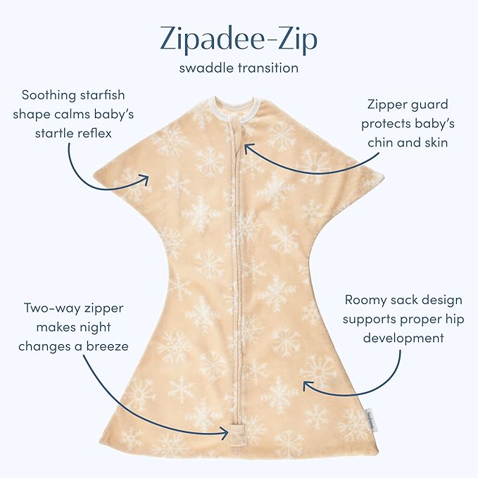 SleepingBaby Zipadee-Zip Transition Swaddle - Cozy Fleece Wearable Blanket with Two-Way Zipper for Baby Sleep - Snowflakes, Large (12-24 Month)