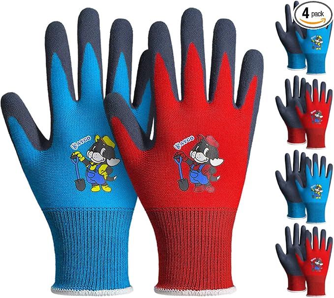 KAYGO Kids Gardening Gloves 4 Pairs - Polyester Seemless knitted with Latex Sandy Finish Coating, KGKID100, Ideal for kids gardening, DIY,Light duty works, and outdoor activities (XXXS (Age 5-7))