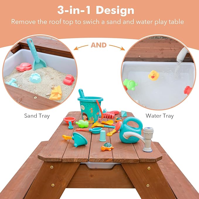Kids 3-in-1 Sand & Water Activity Table, Wood Outdoor Convertible Picnic Table, 2 Play Boxes, Removable Top with Faucet, Picnic for Outdoor Backyard Patio Play (Brown/Navy)
