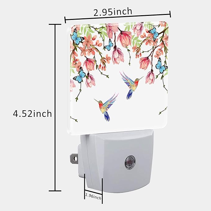 Hummingbirds and Blue Butterflies Night Light Plug into Wall with Dusk to Dawn Sensor Cute Nightlight for Kid Girls Boys Women Men Room Decor, Hallway, Kitchen, Bathroom, Nursery, Stairs