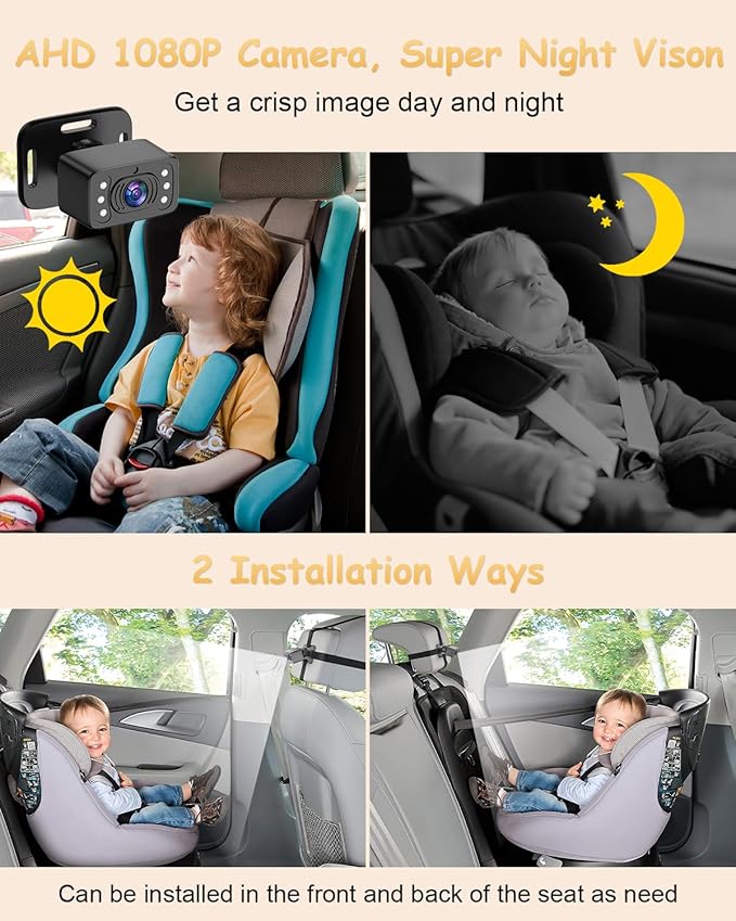 25HOURS YJ1 Baby Car Camera - 6.86" HD Car Baby Monitor Touchscreen with Apple CarPlay, 1080p Ultra IR Night Vision, 150° Wide Angle, Split Screen, 3X Zoom, GPS Navigation,FM,Siri, Plug-and-Play