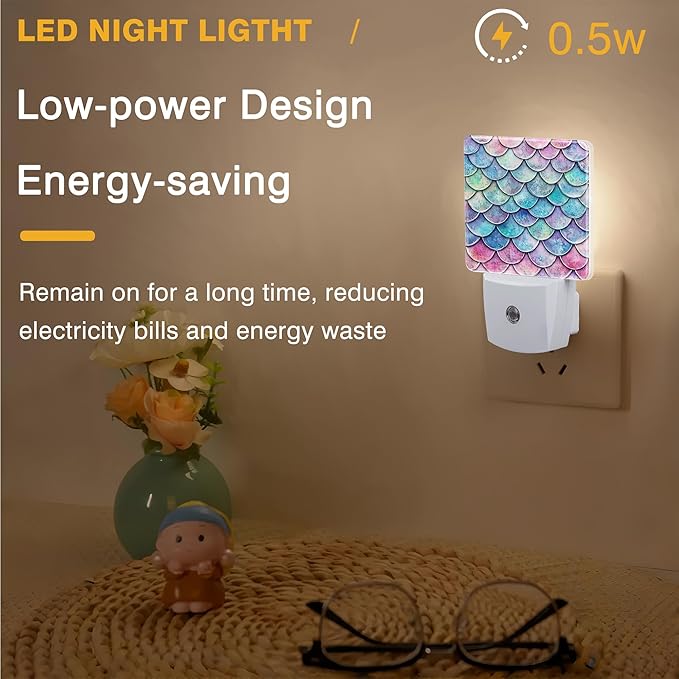Mermaid Scales Night Light, Plug-in Nightlight with Dusk to Dawn Auto Sensor for Home Bedroom Bathroom Hallway Kitchen 0.5W Sleep Friendly Led Lamp for Women Men