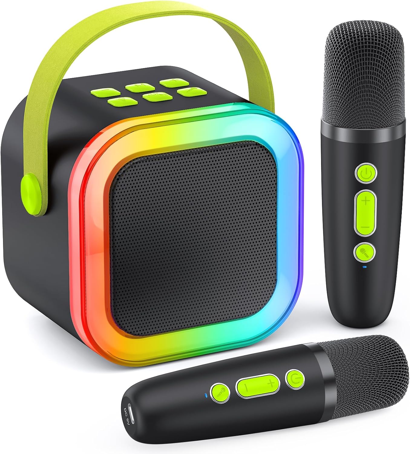 Karaoke Machine for Kids Adults, Portable Bluetooth Mini Karaoke Microphone Singing Speaker Karaoke Player with 2 Wireless Mic, for All Smartphones,Birthday, Family,Home Party (Black Green)