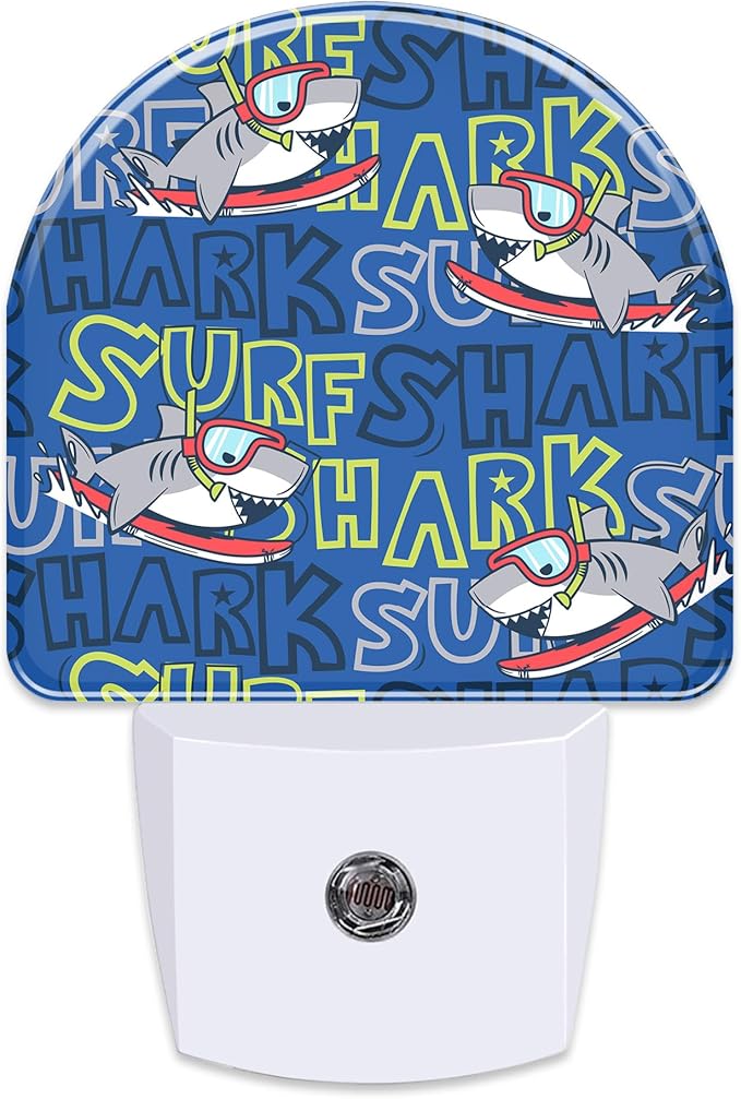 Cartoon Surfing Sharks Night Light, Cool Cute Shark Dusk to Dawn Night Light Plug in,0.5w Energy Saving Sleep Friendly Nightlights for Kids Boys Girls Home Decor