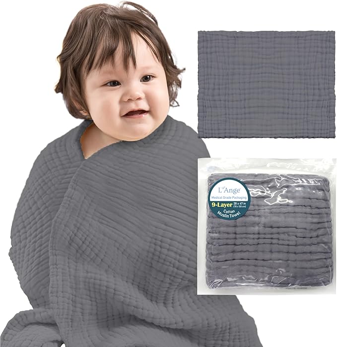 L'Ange Baby Bath Towel - 9 Layers 100% Cotton Muslin, Super Quick Dry, Medical Grade Packaging for Infants and Newborns - 28 x 37in - Gray