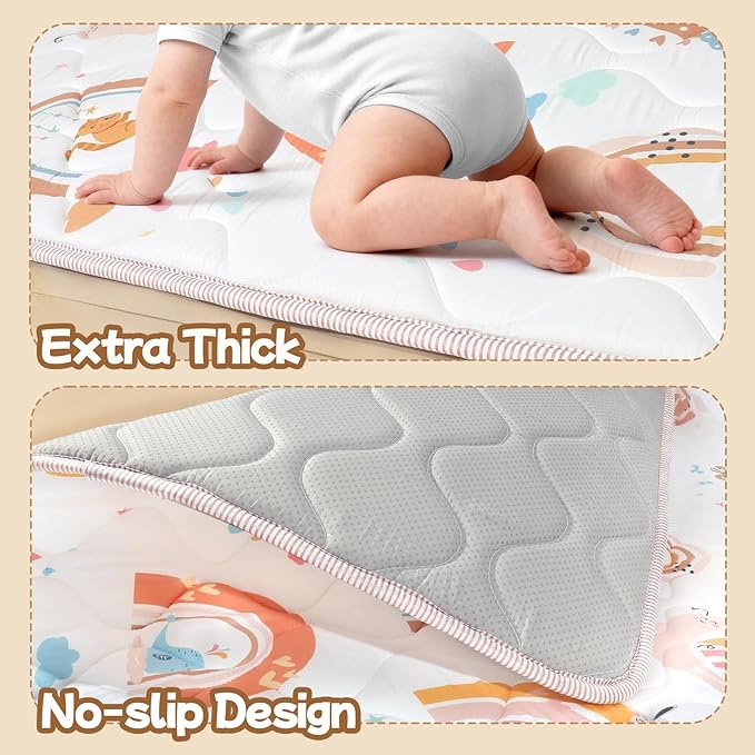 Baby Play Mat for Floor,Soft 50x50 Playpen Mat,Thick Foam Cushioned Playmat for Tummy Time,Safe Non-Slip Backing for Crawling for Kids Toddlers Infants,Boho Rainbow