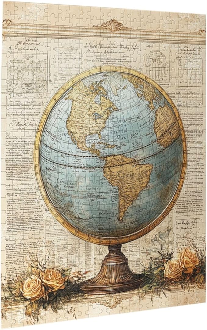 Classic Globe with Detailed World Map and Vintage Documentation, Beautifully Complemented by Decorative Roses，500 Piece Adults Wooden Jigsaw Puzzle，Ideal for Relaxation and Family Fun